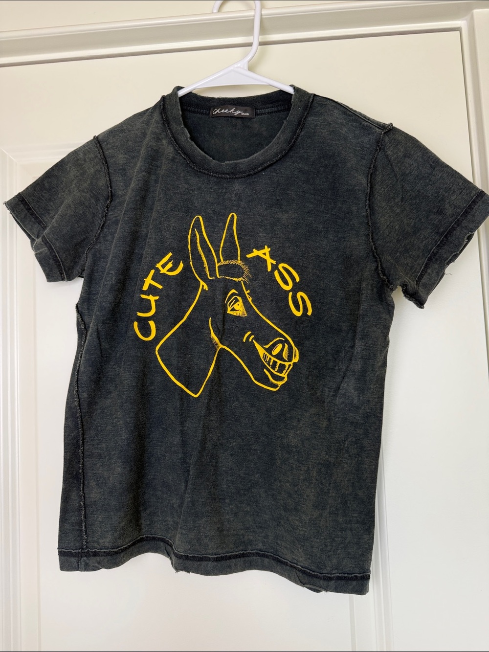 Cheeky Brand | Distressed Black Graphic Tee with Yellow Donkey Motif | Small